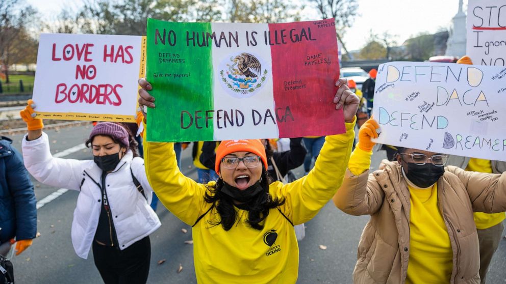 PHOTO: Pro-DACA protesters stage a march outside the United States Capitol calling for a path to citizenship on November 17, 2022 in Washington, DC