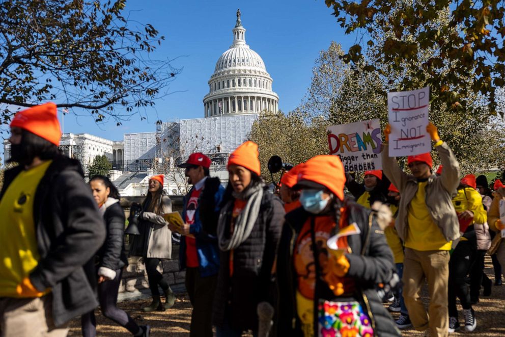 PHOTO: Pro-DACA protesters hold a march outside the Capitol building calling for a path to citizenship, November 17, 2022, in Washington, DC